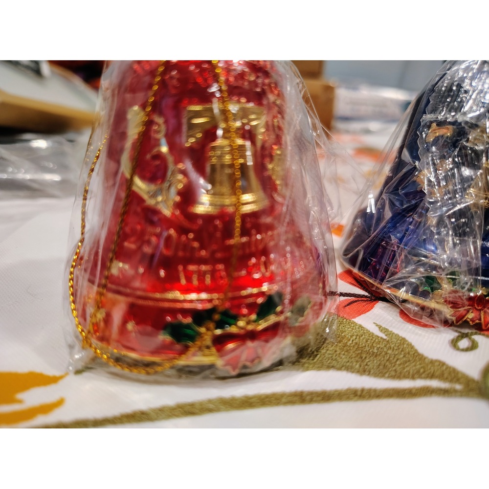250th Anniversary Liberty Bell Ornaments Red Blue 1776-2026 Set of 2 with Pouch - Picture 3 of 3